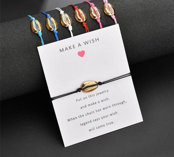 Armband "Make a Wish" Freundschaftsarmband im Beach Look mit Kauri Muschel vergoldet, Textil in Weiß, größenverstellbar