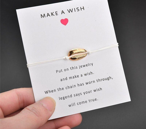Armband "Make a Wish" Freundschaftsarmband im Beach Look mit Kauri Muschel vergoldet, Textil in Weiß, größenverstellbar