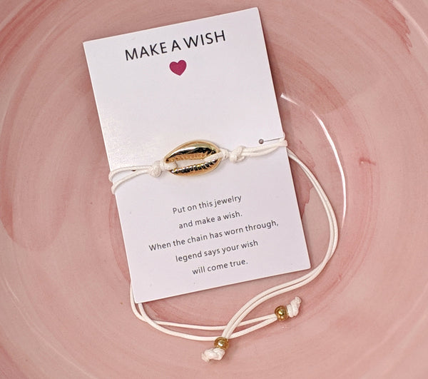 Armband "Make a Wish" Freundschaftsarmband im Beach Look mit Kauri Muschel vergoldet, Textil in Weiß, größenverstellbar