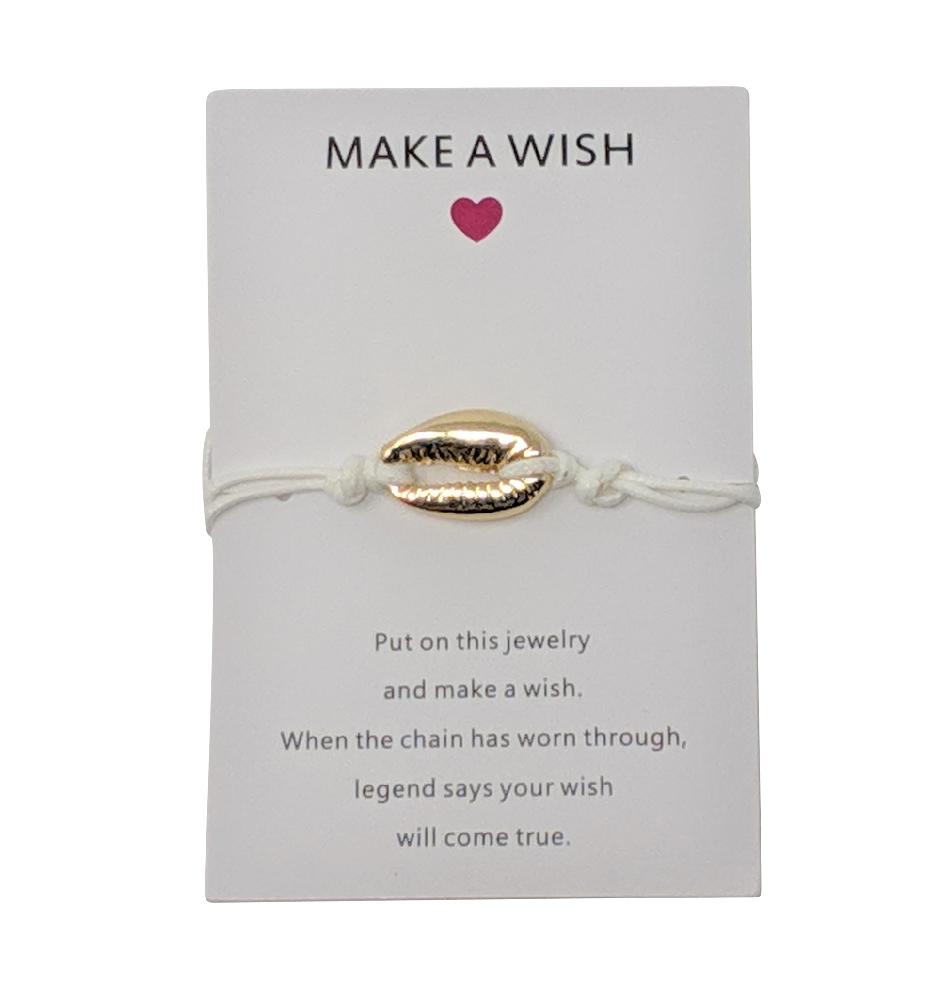 Armband "Make a Wish" Freundschaftsarmband im Beach Look mit Kauri Muschel vergoldet, Textil in Weiß, größenverstellbar