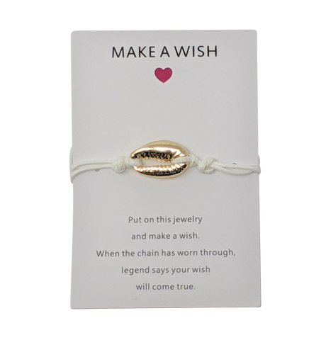 Armband "Make a Wish" Freundschaftsarmband im Beach Look mit Kauri Muschel vergoldet, Textil in Weiß, größenverstellbar