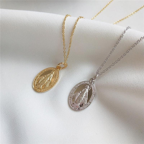 Halskette Vintage Maria Marienbild aus 925 Sterling Silber vergoldet, größenverstellbar