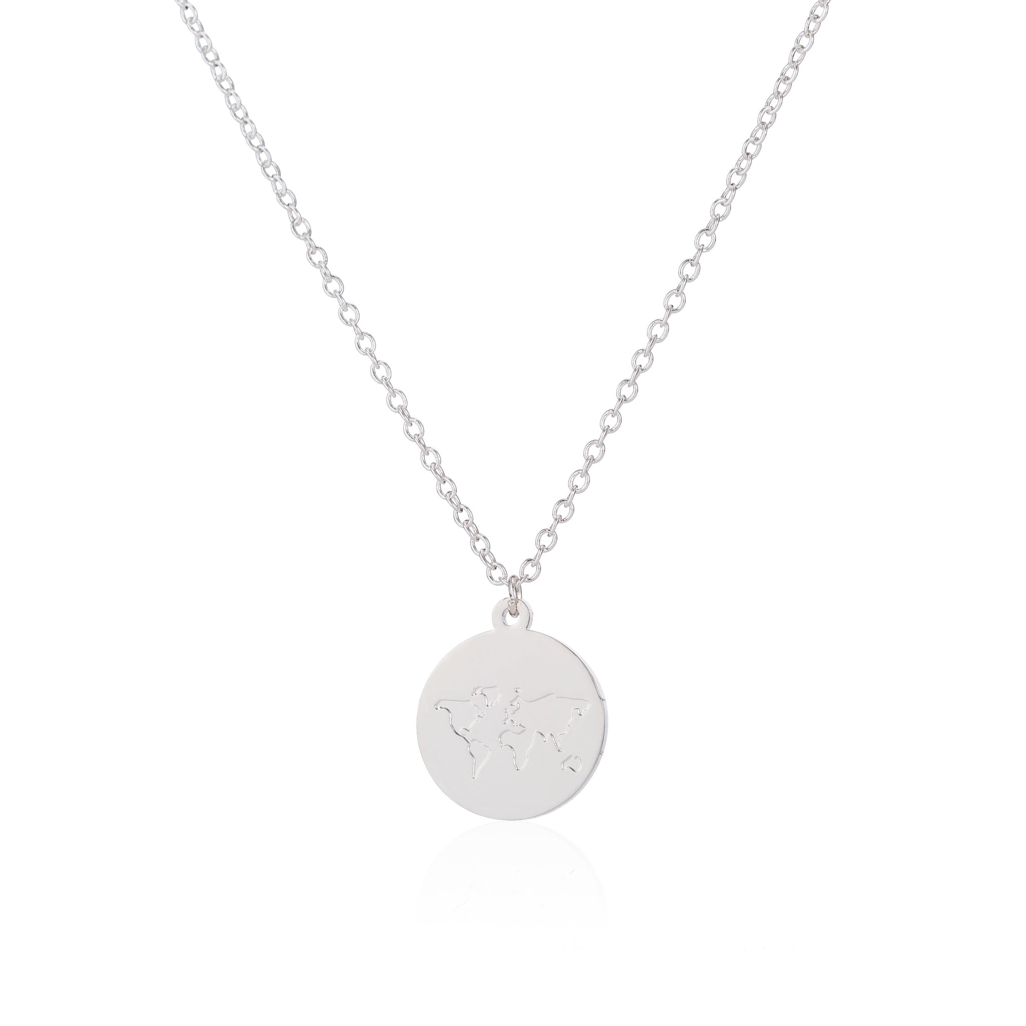 Halskette Wanderlust mit Weltkarte Coin aus Edelstahl in Silber