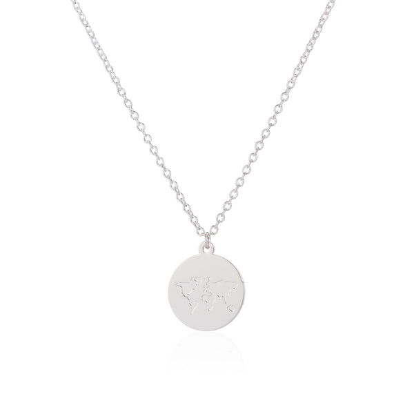 Halskette Wanderlust mit Weltkarte Coin aus Edelstahl in Silber