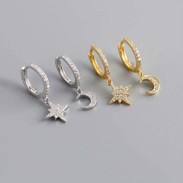 SoulSisters Ohrringe Ohrringe Astro Creolen mit Anhänger Stern & Mond aus 925 Sterling Silber vergoldet Zirkonia