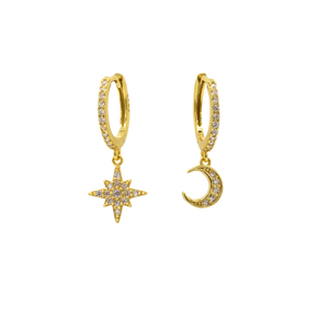 SoulSisters Ohrringe Ohrringe Astro Creolen mit Anhänger Stern & Mond aus 925 Sterling Silber vergoldet Zirkonia