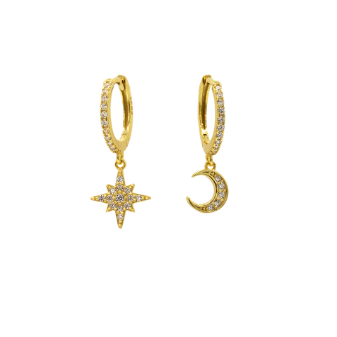 SoulSisters Ohrringe Ohrringe Astro Creolen mit Anhänger Stern & Mond aus 925 Sterling Silber vergoldet Zirkonia