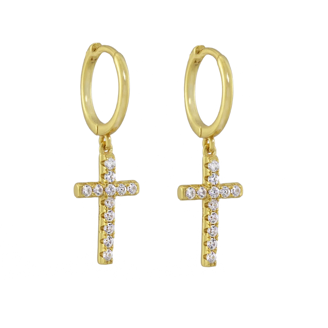 Ohrringe Creolen mit Kreuz-Anhänger aus 925 Sterling Silber vergoldet Zirkonia