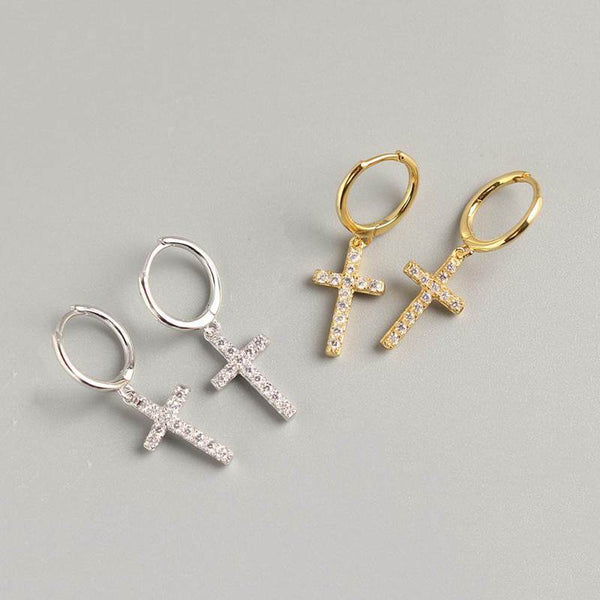 Ohrringe Creolen mit Kreuz-Anhänger aus 925 Sterling Silber vergoldet Zirkonia