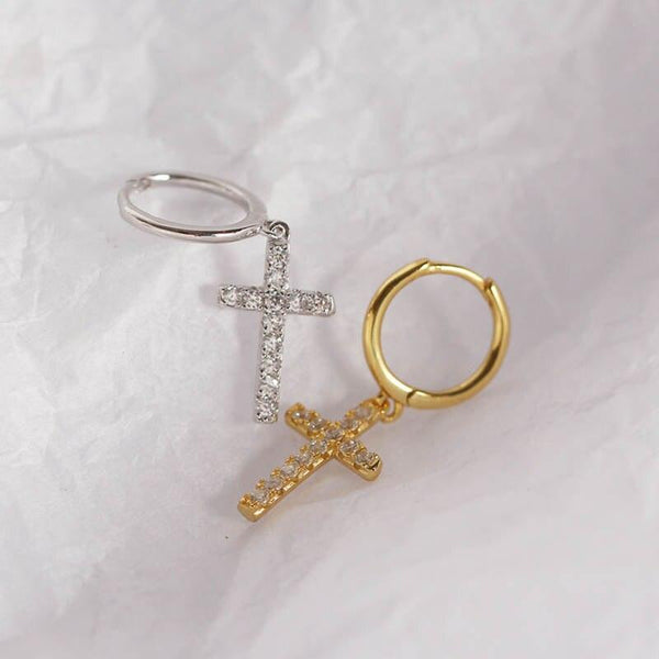 Ohrringe Creolen mit Kreuz-Anhänger aus 925 Sterling Silber vergoldet Zirkonia