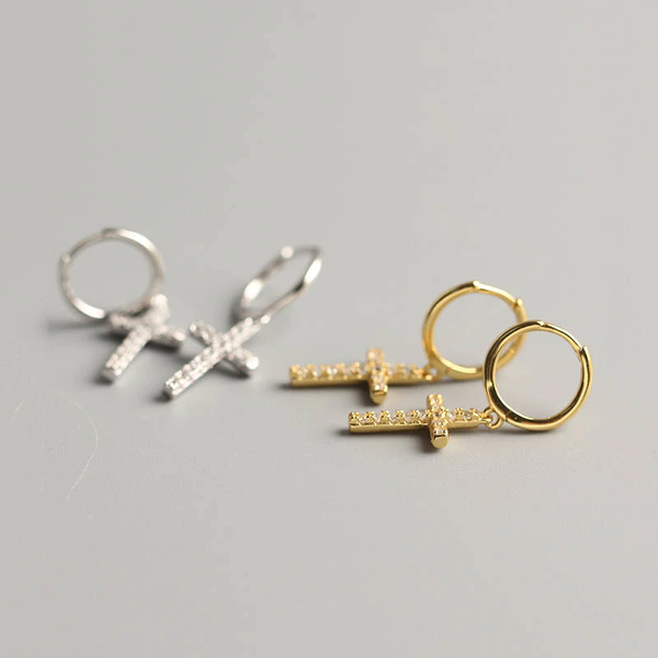 Ohrringe Creolen mit Kreuz-Anhänger aus 925 Sterling Silber vergoldet Zirkonia