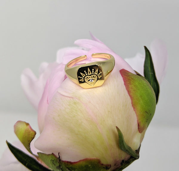 Ring Siegelring mit Herz & Auge aus 925 Sterling Silber vergoldet, verstellbar