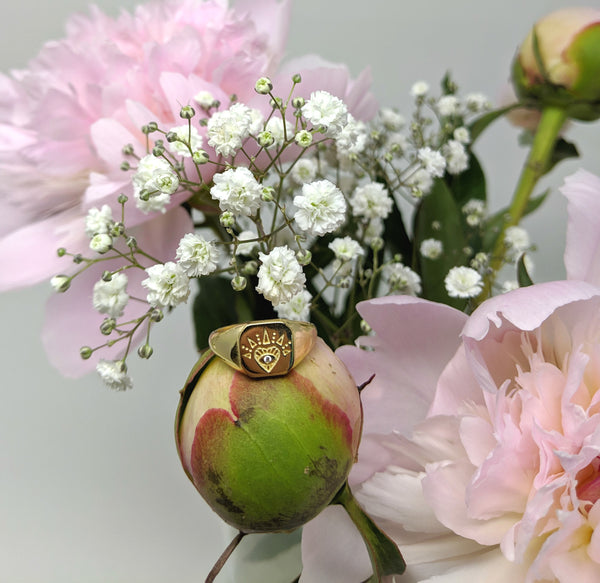Ring Siegelring mit Herz & Auge aus 925 Sterling Silber vergoldet, verstellbar