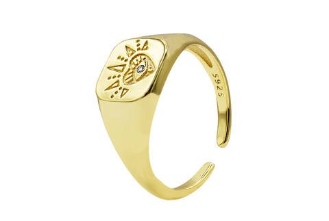 Ring Siegelring mit Herz & Auge aus 925 Sterling Silber vergoldet, verstellbar