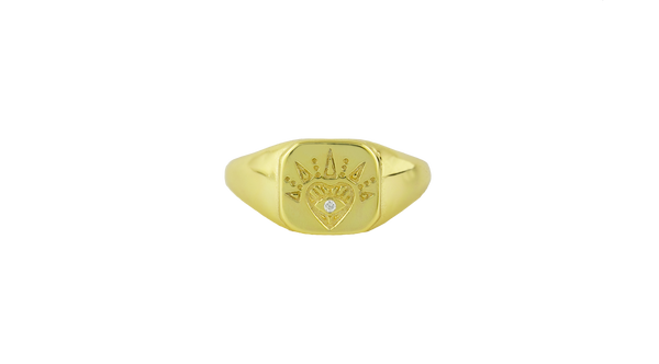 Ring Siegelring mit Herz & Auge aus 925 Sterling Silber vergoldet, verstellbar
