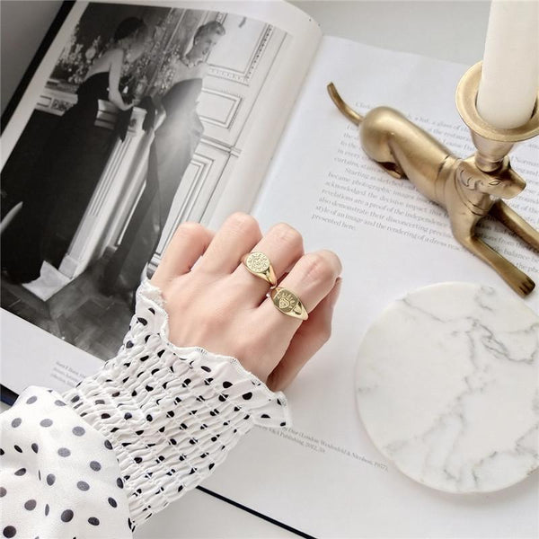 Ring Siegelring mit Herz & Auge aus 925 Sterling Silber vergoldet, verstellbar