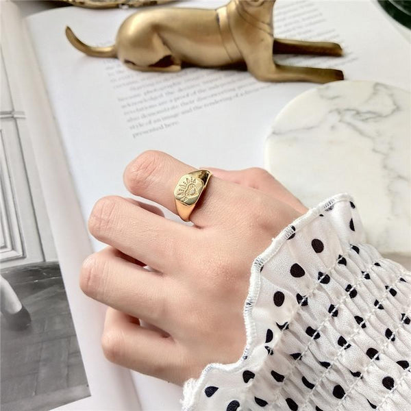 Ring Siegelring mit Herz & Auge aus 925 Sterling Silber vergoldet, verstellbar