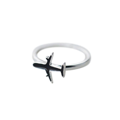 Ring Wanderlust mit Flugzeug aus 925 Sterling Silber mit Schwarz, verstellbar