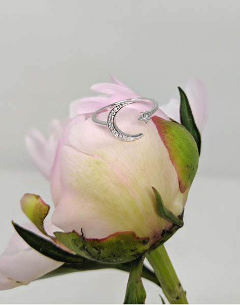 Ring Zirkonia Mond & Stern aus 925 Sterling Silber, verstellbar