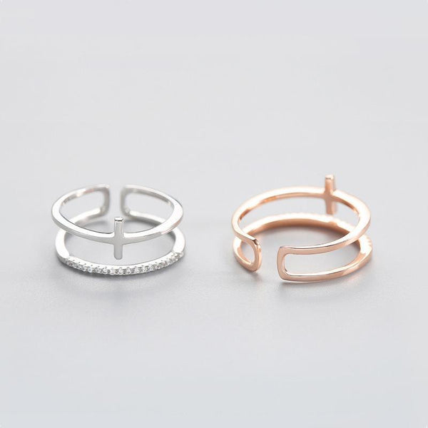 Ring Zirkonia rose zweireihig mit Kreuz aus 925 Sterling Silber, verstellbar