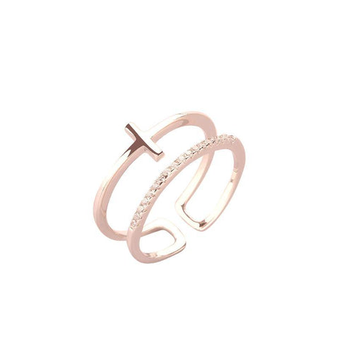 Ring Zirkonia rose zweireihig mit Kreuz aus 925 Sterling Silber, verstellbar