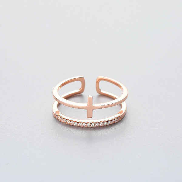 Ring Zirkonia rose zweireihig mit Kreuz aus 925 Sterling Silber, verstellbar