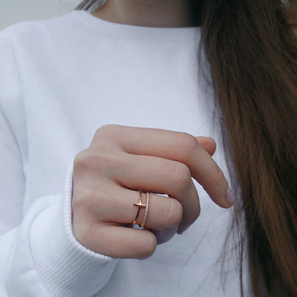 SoulSisters Ring Ring Zirkonia rose zweireihig mit Kreuz aus 925 Sterling Silber, verstellbar