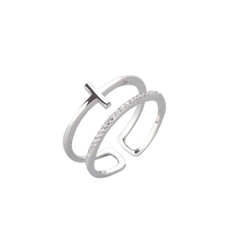 Ring Zirkonia zweireihig mit Kreuz aus 925 Sterling Silber, verstellbar