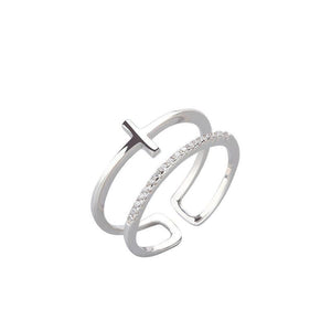 Ring Zirkonia zweireihig mit Kreuz aus 925 Sterling Silber, verstellbar