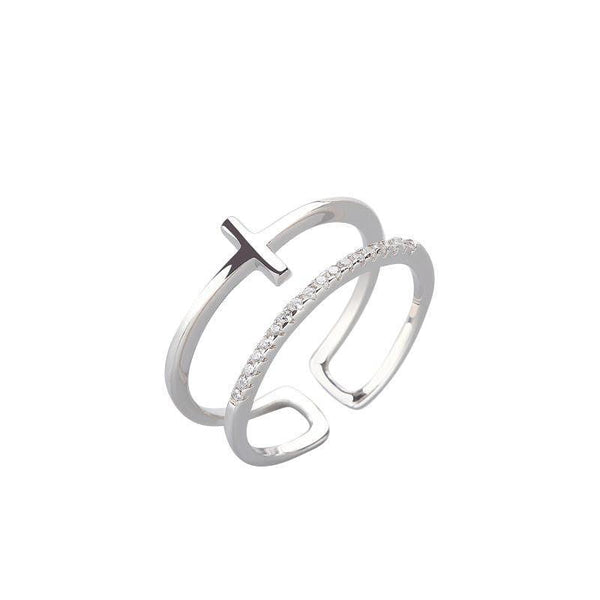 Ring Zirkonia zweireihig mit Kreuz aus 925 Sterling Silber, verstellbar