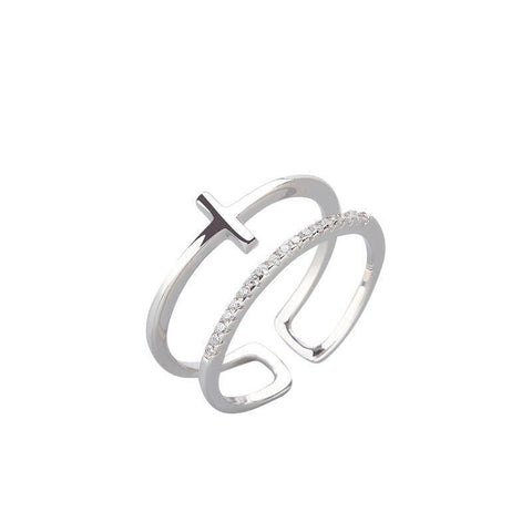 Ring Zirkonia zweireihig mit Kreuz aus 925 Sterling Silber, verstellbar
