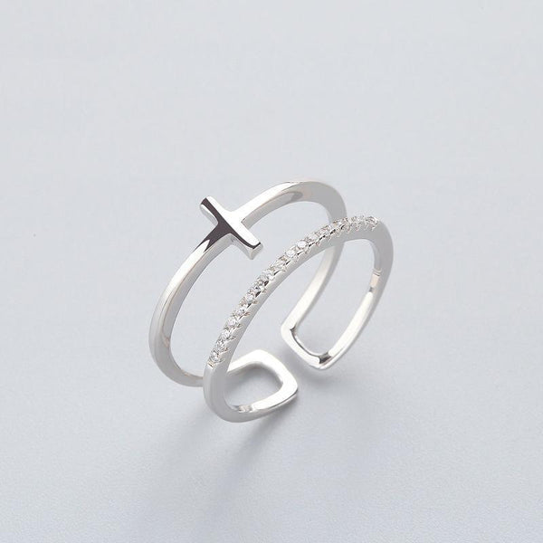 Ring Zirkonia zweireihig mit Kreuz aus 925 Sterling Silber, verstellbar