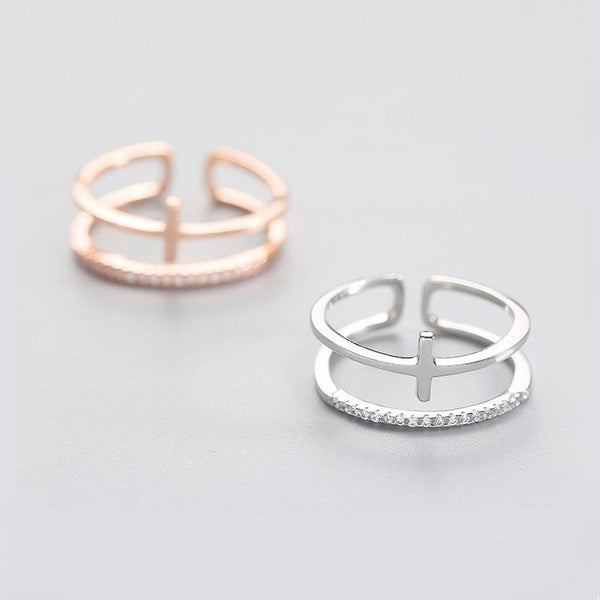 Ring Zirkonia zweireihig mit Kreuz aus 925 Sterling Silber, verstellbar